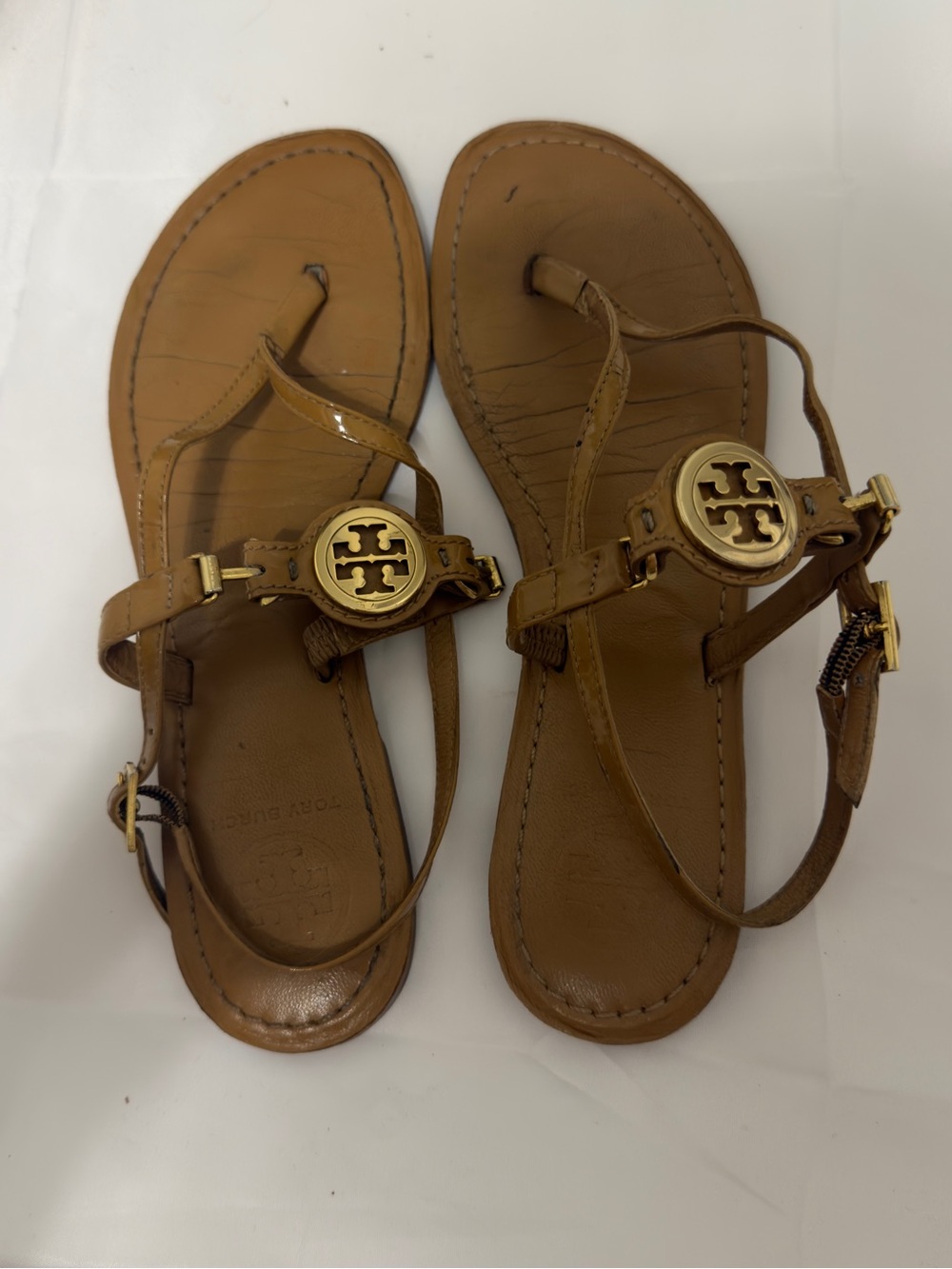Tory Burch Tan Leather Logo Thong Sandals with Gold Emblem